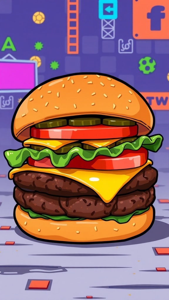 8-bit style cheeseburger with beef patty, cheese, lettuce, and tomato on a toasted bun.